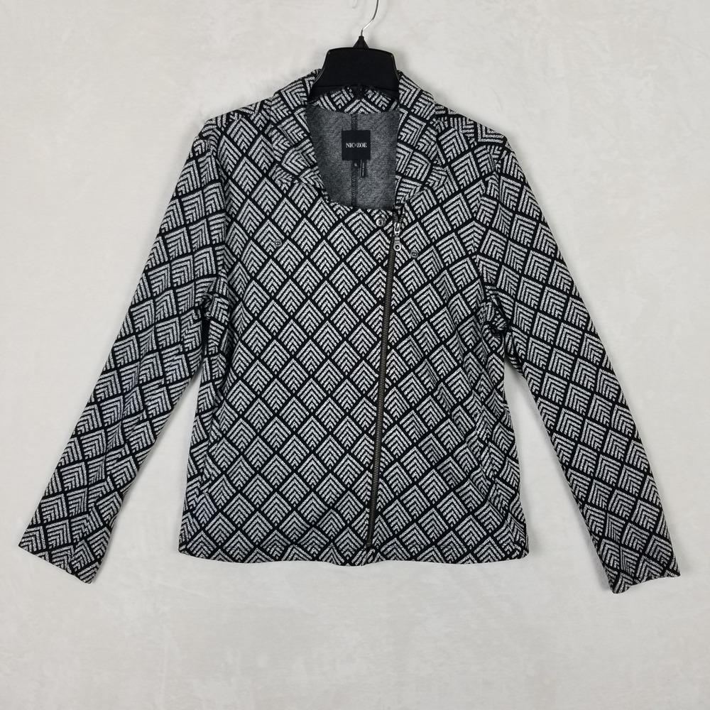 NIC+ZOE Moto Jacket Women XL Black White Geometric Asymmetrical Zip Knit